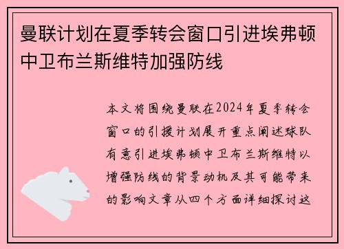 曼联计划在夏季转会窗口引进埃弗顿中卫布兰斯维特加强防线 曼联计划在夏季转会窗口引进埃弗顿中卫布兰斯维特加强防线
