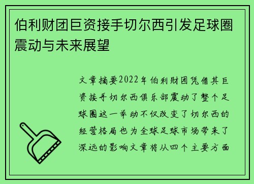 伯利财团巨资接手切尔西引发足球圈震动与未来展望